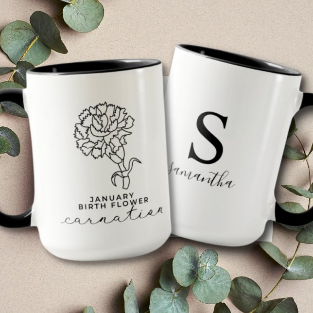 Black White Flower January Birthday Gift Monogram Mug (Creator Uploaded)