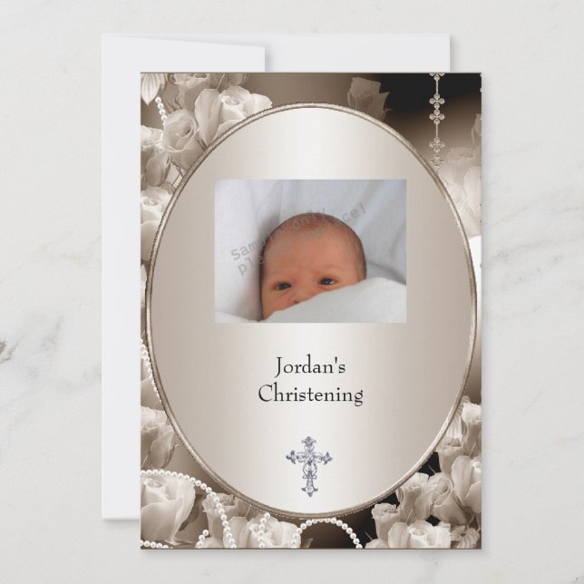 Black & White Flower Photo Frame Baptism Invitation (Front)