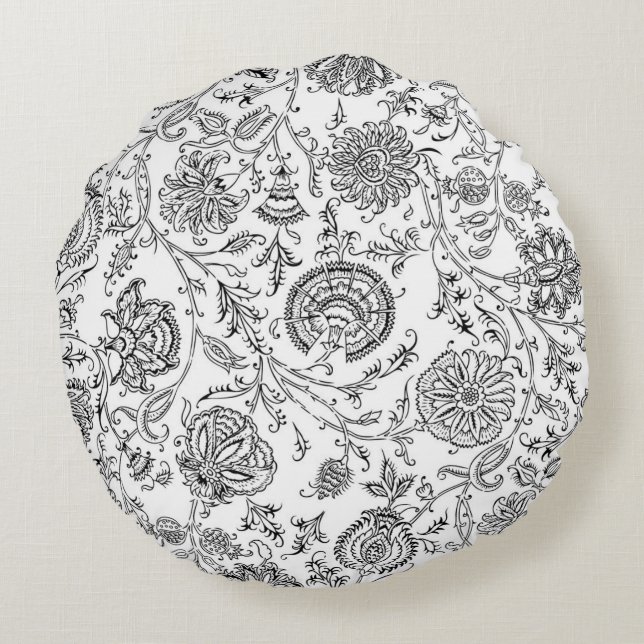 Black & White Flower Round Pattern Round Cushion (Back)
