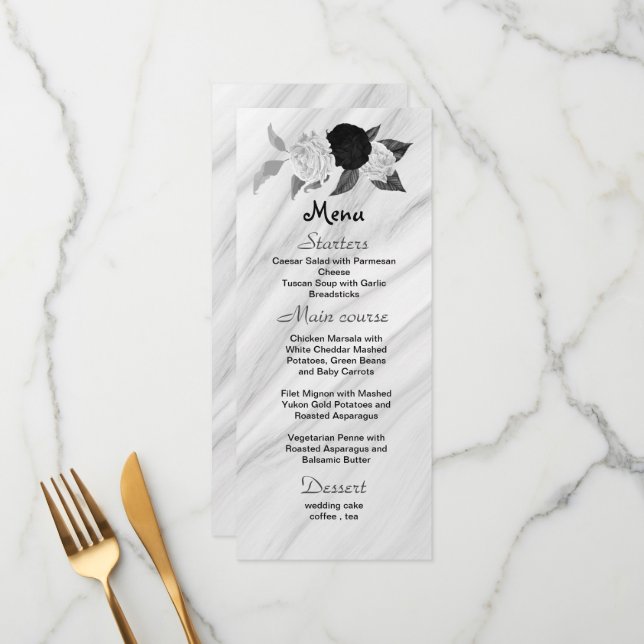 black & white flowers beautiful wedding  menu (Front/Back In Situ)