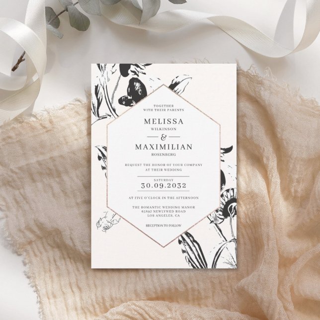 Black & white flowers botanical gold frame wedding invitation (Creator Uploaded)