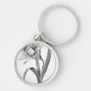 black white flowers daffodil vintage key ring
