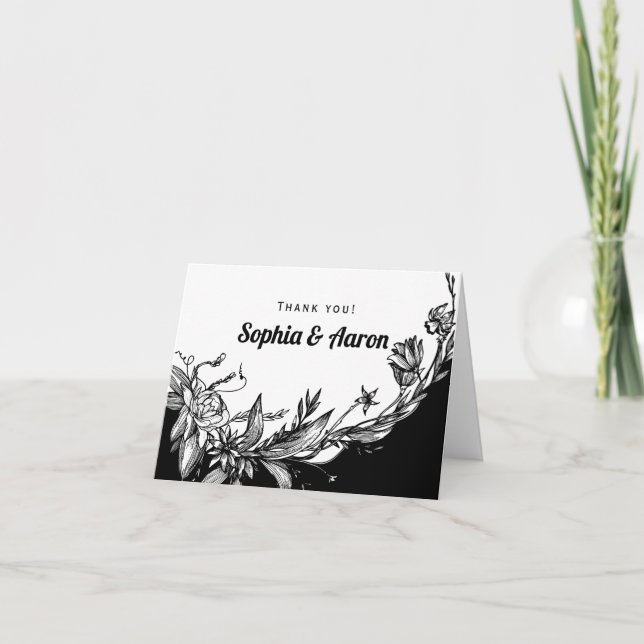 Black, white flowers floral Thank You photo card (Front)