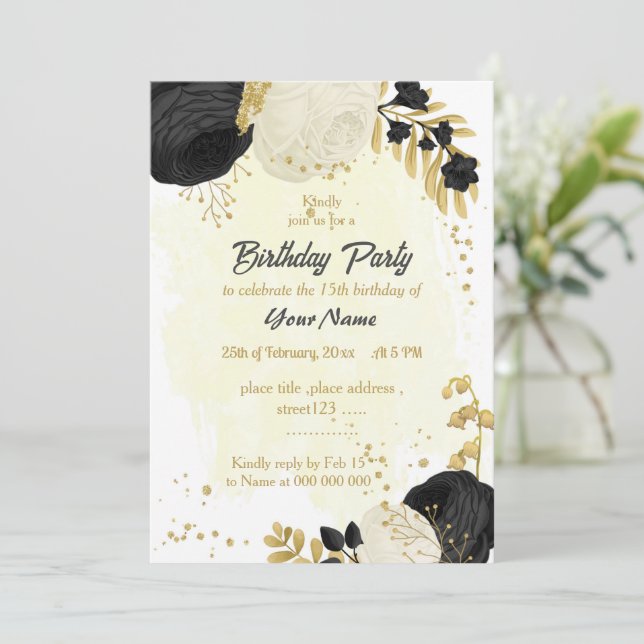 black  white flowers gold botanical birthday party invitation (Standing Front)