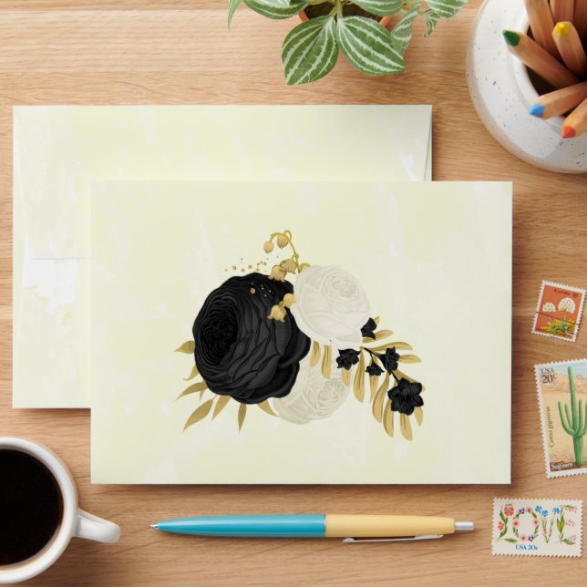 black & white flowers gold botanical wedding envelope (Desk)