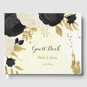black & white flowers gold botanical wedding guest book