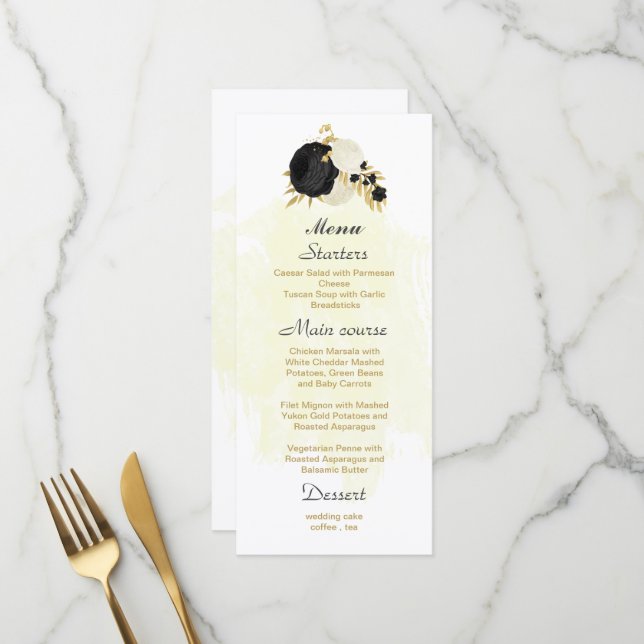 black & white flowers gold botanical wedding menu (Front/Back In Situ)
