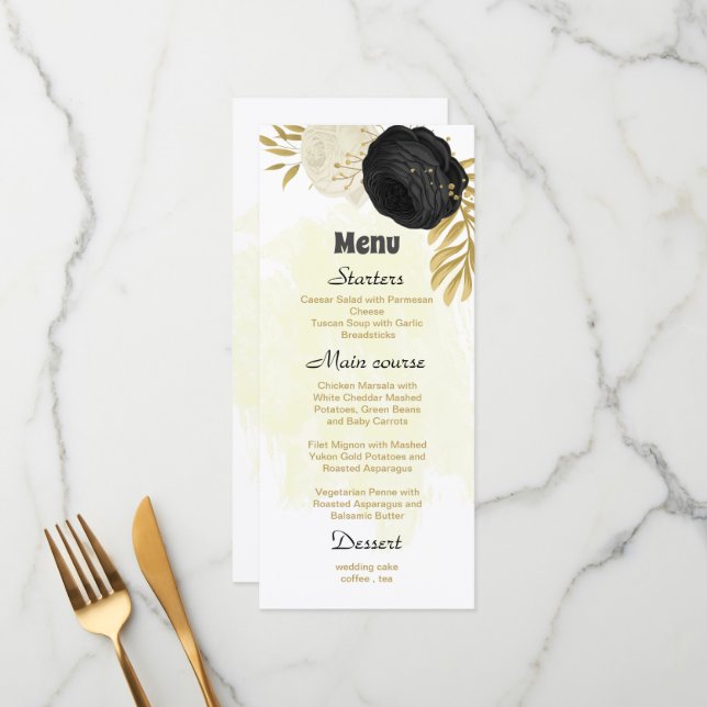 black & white flowers gold botanical wedding menu (Front/Back In Situ)