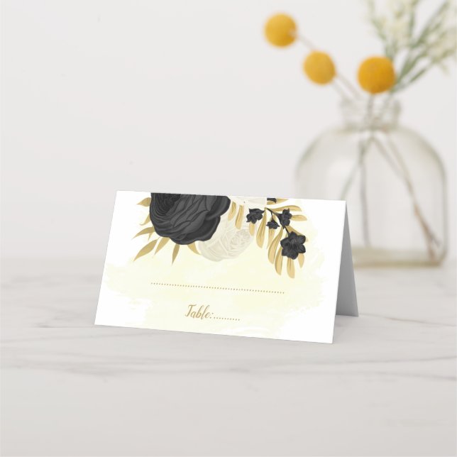 black & white flowers gold botanical wedding place card (Front)