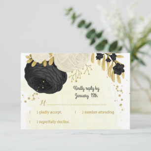 black & white flowers gold botanical wedding RSVP card