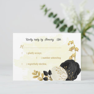 black & white flowers gold botanical wedding RSVP card