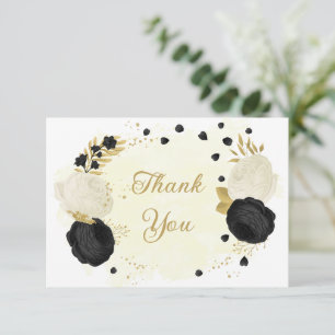 black & white flowers gold botanical wedding thank you card