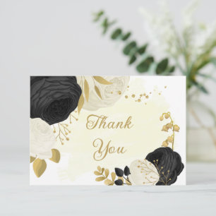black & white flowers gold botanical wedding thank you card