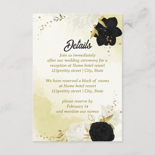black white flowers gold leaves enclosure card (Front)