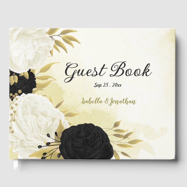 black white flowers gold leaves guest book (Front)