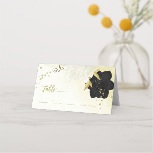 black white flowers gold leaves place card