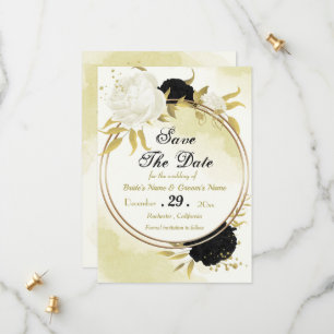 black white flowers gold leaves save the date