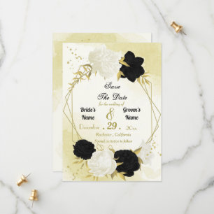 black white flowers gold leaves save the date