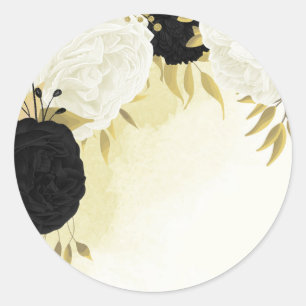 black white flowers gold leaves wedding classic round sticker