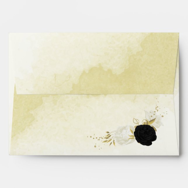 black white flowers gold leaves wedding envelope (Back (Top Flap))