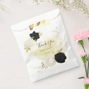 black white flowers gold leaves wedding favour bags