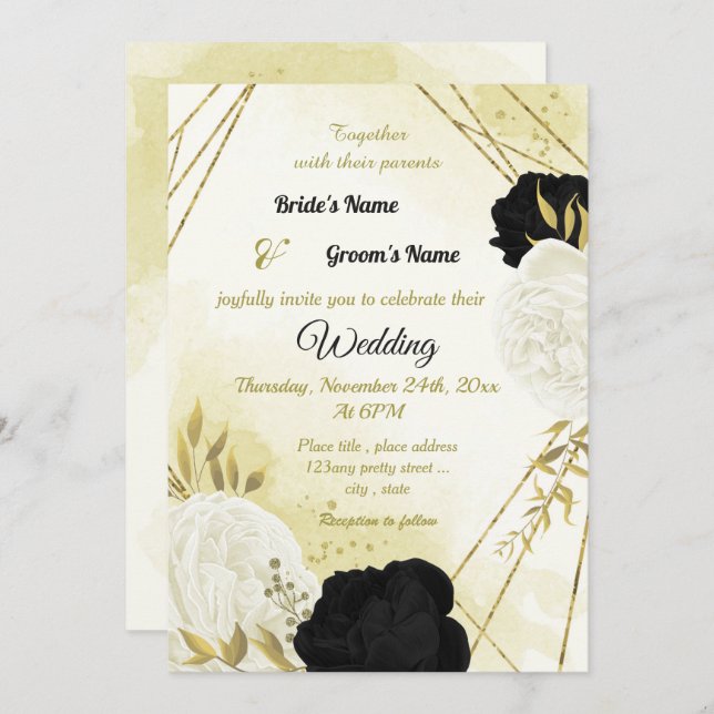 black white flowers gold leaves wedding invitation (Front/Back)