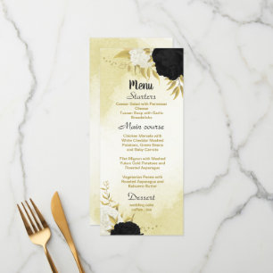 black white flowers gold leaves wedding menu