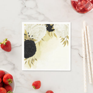 black white flowers gold leaves wedding napkin
