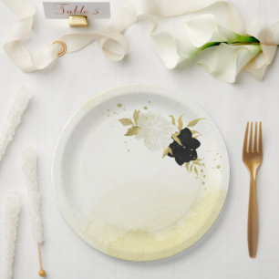 black white flowers gold leaves wedding paper plate