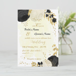 black & white flowers gold wedding invitation