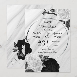 black white flowers grey leaves geometric marble save the date