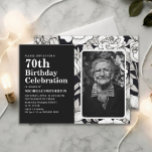 Black White Flowers Photo 70th Birthday  Invitation<br><div class="desc">Elegant 70th birthday party photo invitation for women with pretty black and white line-art flowers. Contact me for assistance with your customisations or to request additional matching or coordinating Zazzle products for your event.</div>