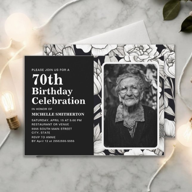 Black White Flowers Photo 70th Birthday  Invitation (Black and white floral 70th birthday photo invitation)
