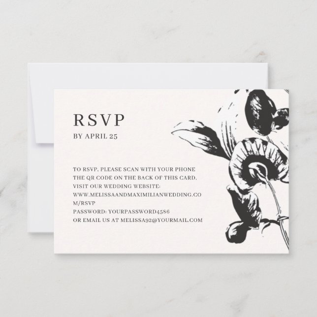 Black & white flowers QR code online wedding RSVP  (Front)
