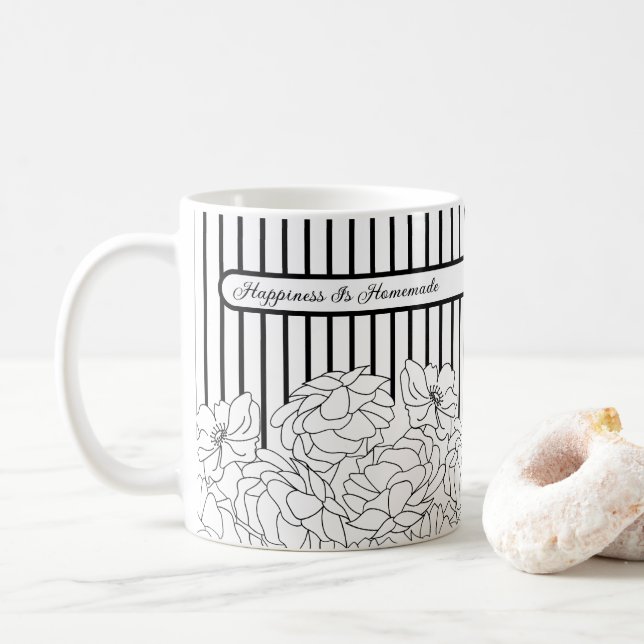 Black & White Flowers with Stripes Coffee Mug (With Donut)