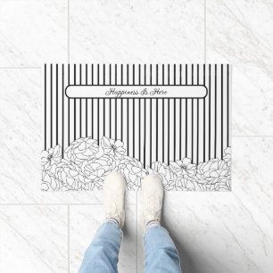 Black & White Flowers with Stripes Doormat