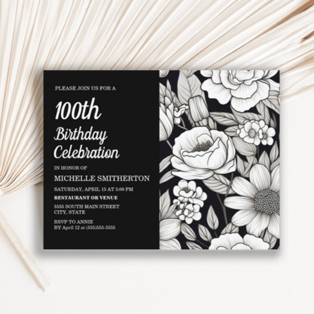 Black White Flowers Women's 100th Birthday Invitation Postcard (Black and white floral 100th birthday party invitation)