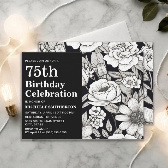Black White Flowers Women's 75th Birthday Invitation (Black and white 75th birthday party invitation)