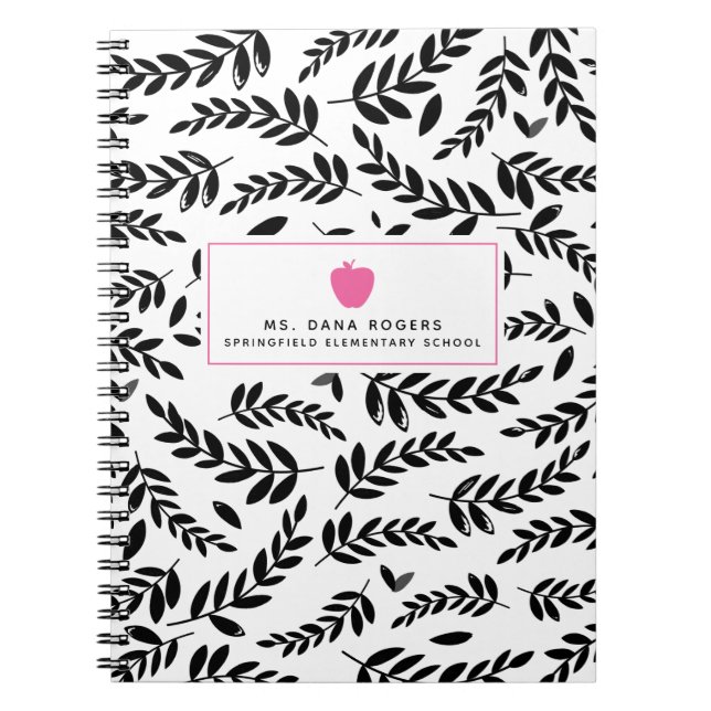 Black + White Foliage Pink Apple Teacher Notebook (Front)
