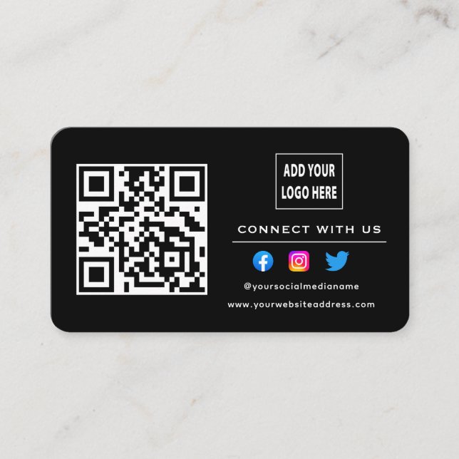 Black White Follow Scan To Connect With Us QR Code Business Card (Front)