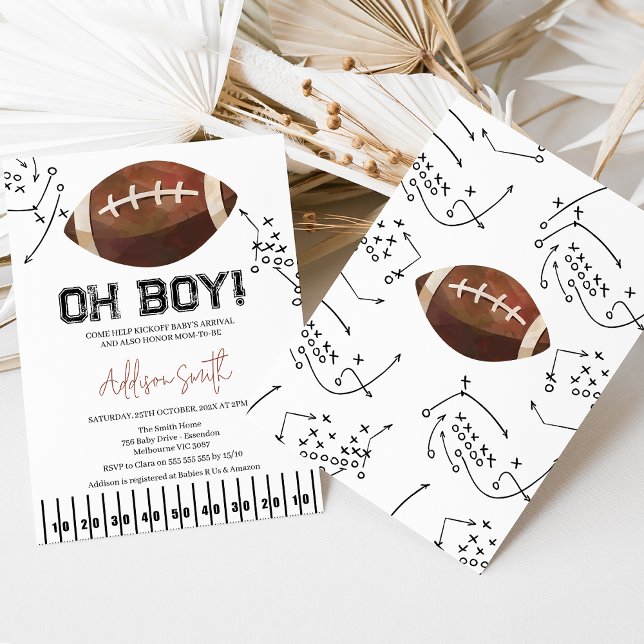 Black White Football Plays Football Baby Shower Invitation (Oh boy football baby shower invitation with sidelines and football plays.)