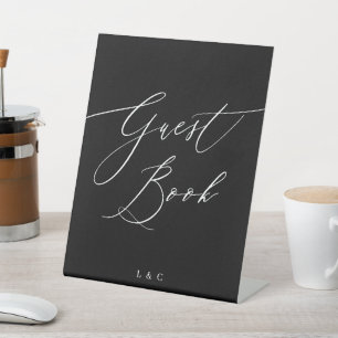 Black White Formal Calligraphy Wedding Guest Book Pedestal Sign