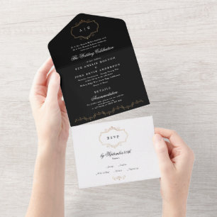 black white formal gold crest monogram wedding all in one invitation