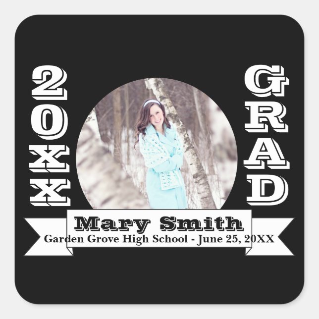 Black & White Formal Graduation Announcement Square Sticker (Front)