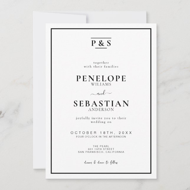 Black & White Formal Monogram All In One Wedding Invitation (Front)