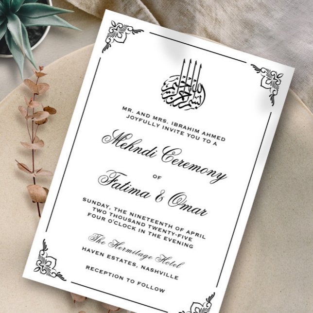 Black & White Frame Islamic Muslim Mehndi Ceremony Invitation (Creator Uploaded)
