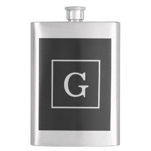 Black White Framed Initial Monogram Hip Flask