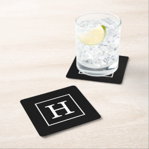 Black White Framed Initial Monogram Square Paper Coaster
