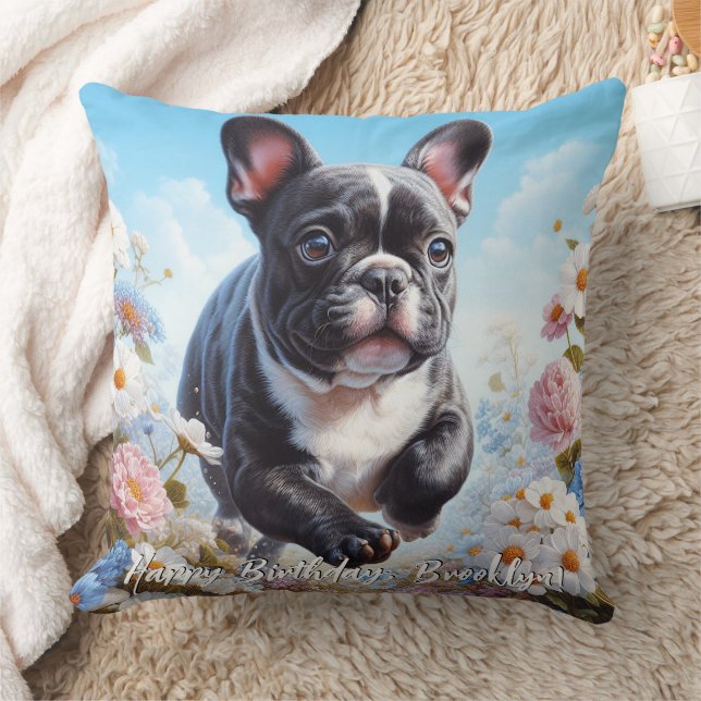 Black & White French Bulldog & Flowers  Cushion (Blanket)