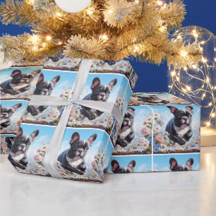 Black & White French Bulldog & Flowers  Wrapping Paper
